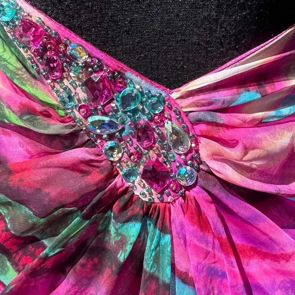 Bebe Darlin‎ Multicolor Rhinestone One Shoulder Gown